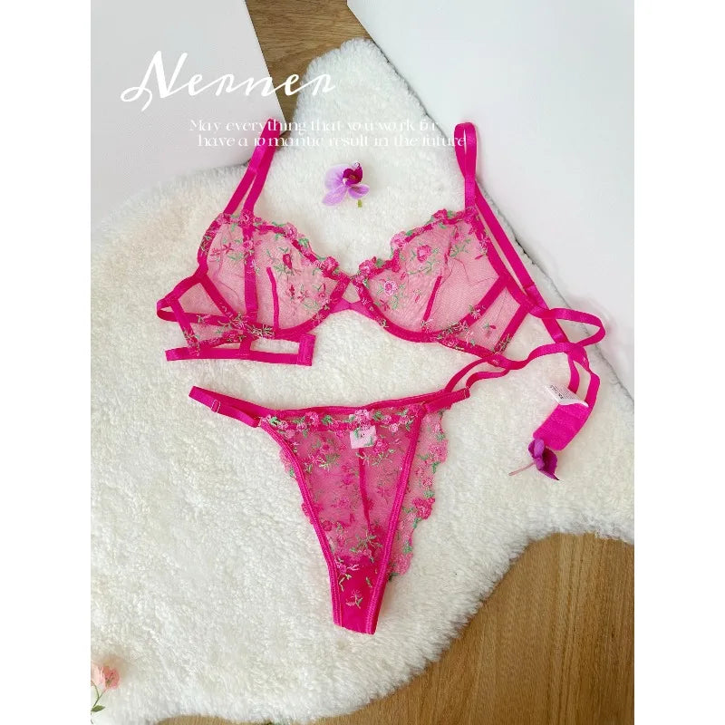 Kawaii Japanese Lingerie Set Sheer Tulle, Pink Floral Embroidery Bra Bralette, Sexy Pure Matching Set BANERDANNI Sexy Tushy Bras