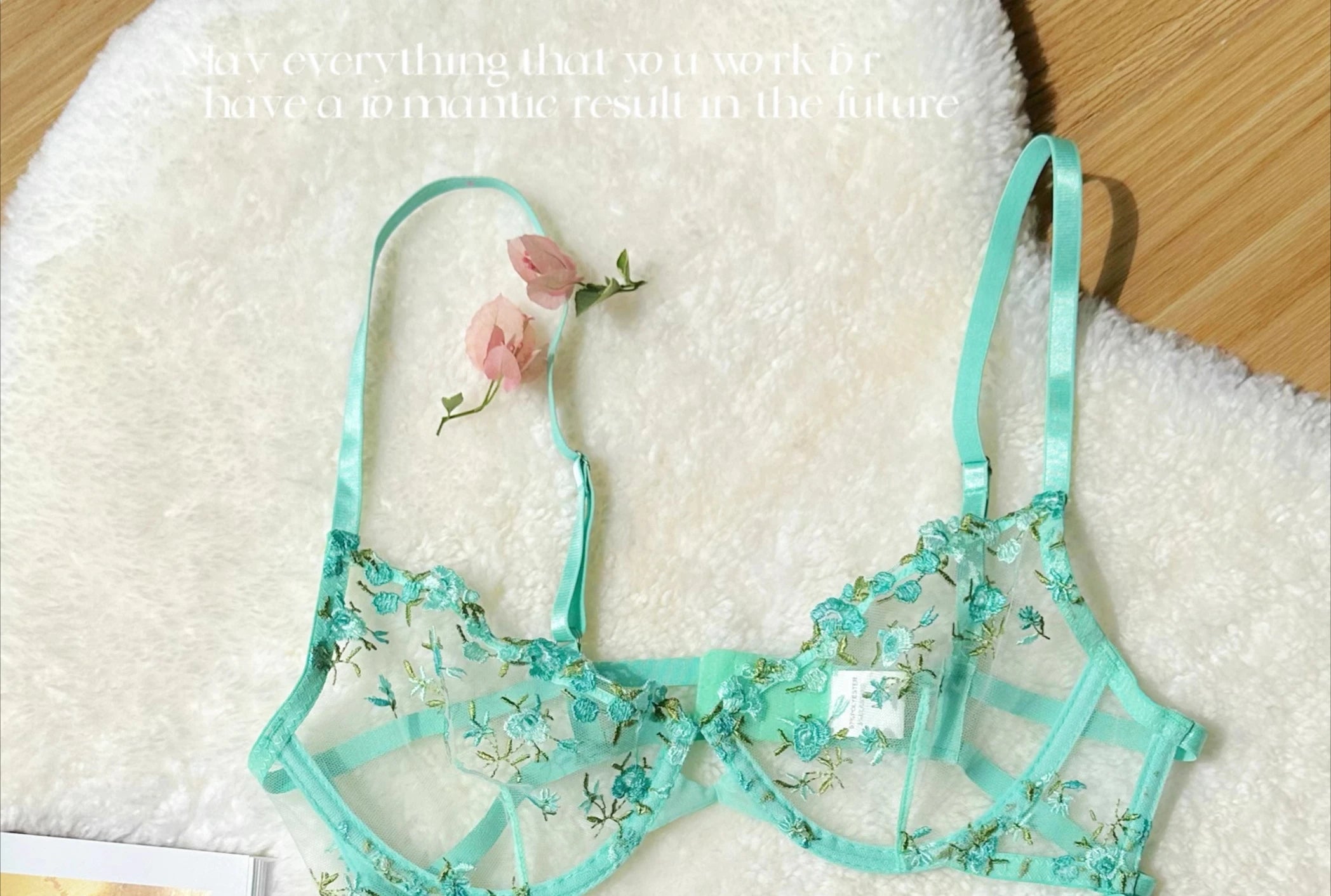 Kawaii Japanese Lingerie Set Sheer Tulle, Pink Floral Embroidery Bra Bralette, Sexy Pure Matching Set BANERDANNI Sexy Tushy Bras
