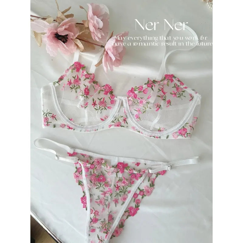 Kawaii Japanese Lingerie Set Sheer Tulle, Pink Floral Embroidery Bra Bralette, Sexy Pure Matching Set BANERDANNI Sexy Tushy Bras
