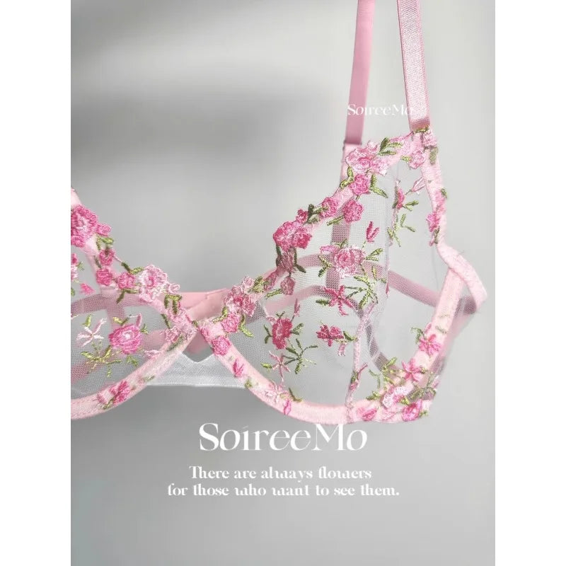 Kawaii Japanese Lingerie Set Sheer Tulle, Pink Floral Embroidery Bra Bralette, Sexy Pure Matching Set BANERDANNI Sexy Tushy Bras