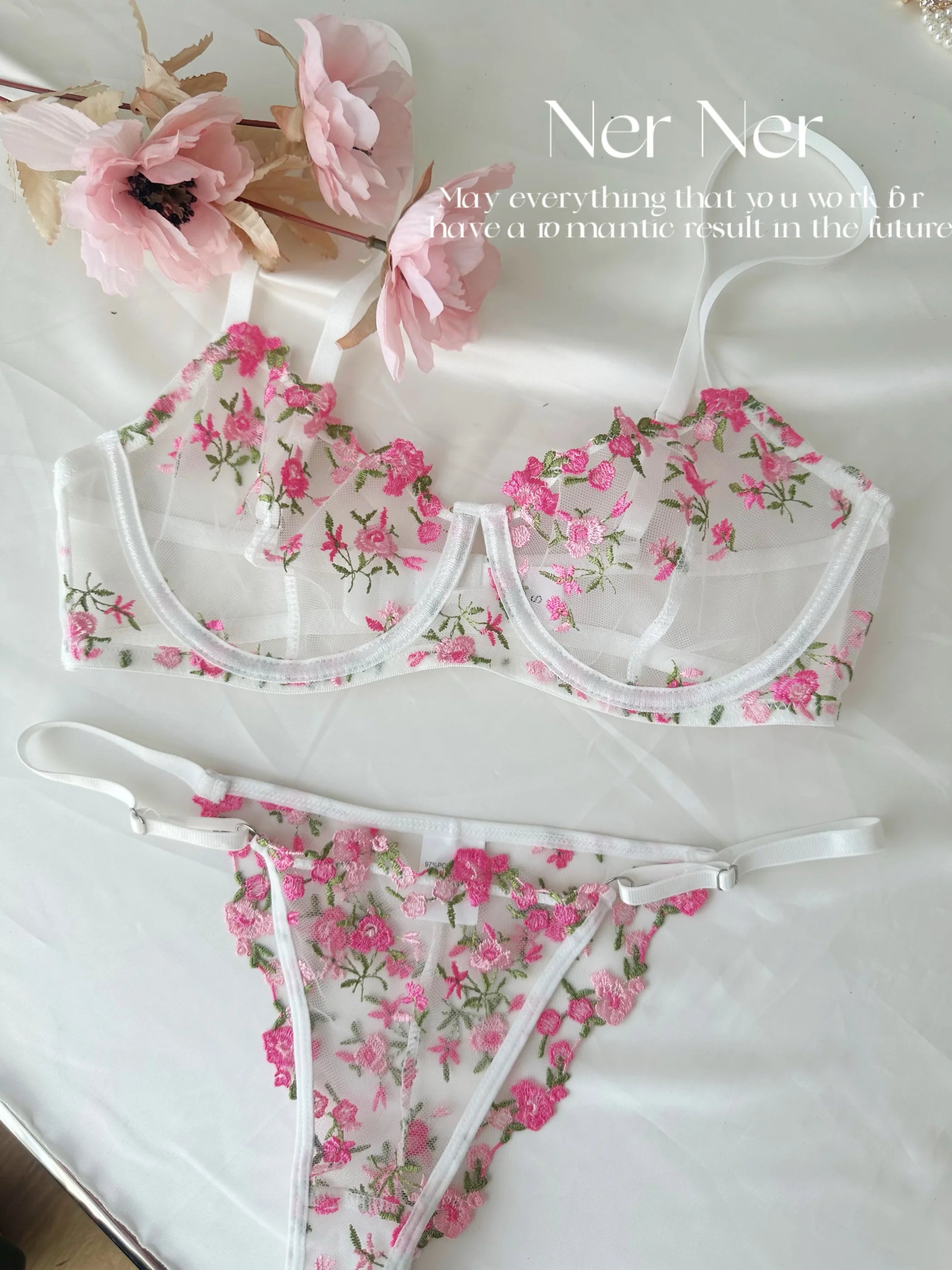 Kawaii Japanese Lingerie Set Sheer Tulle, Pink Floral Embroidery Bra Bralette, Sexy Pure Matching Set BANERDANNI Sexy Tushy Bras