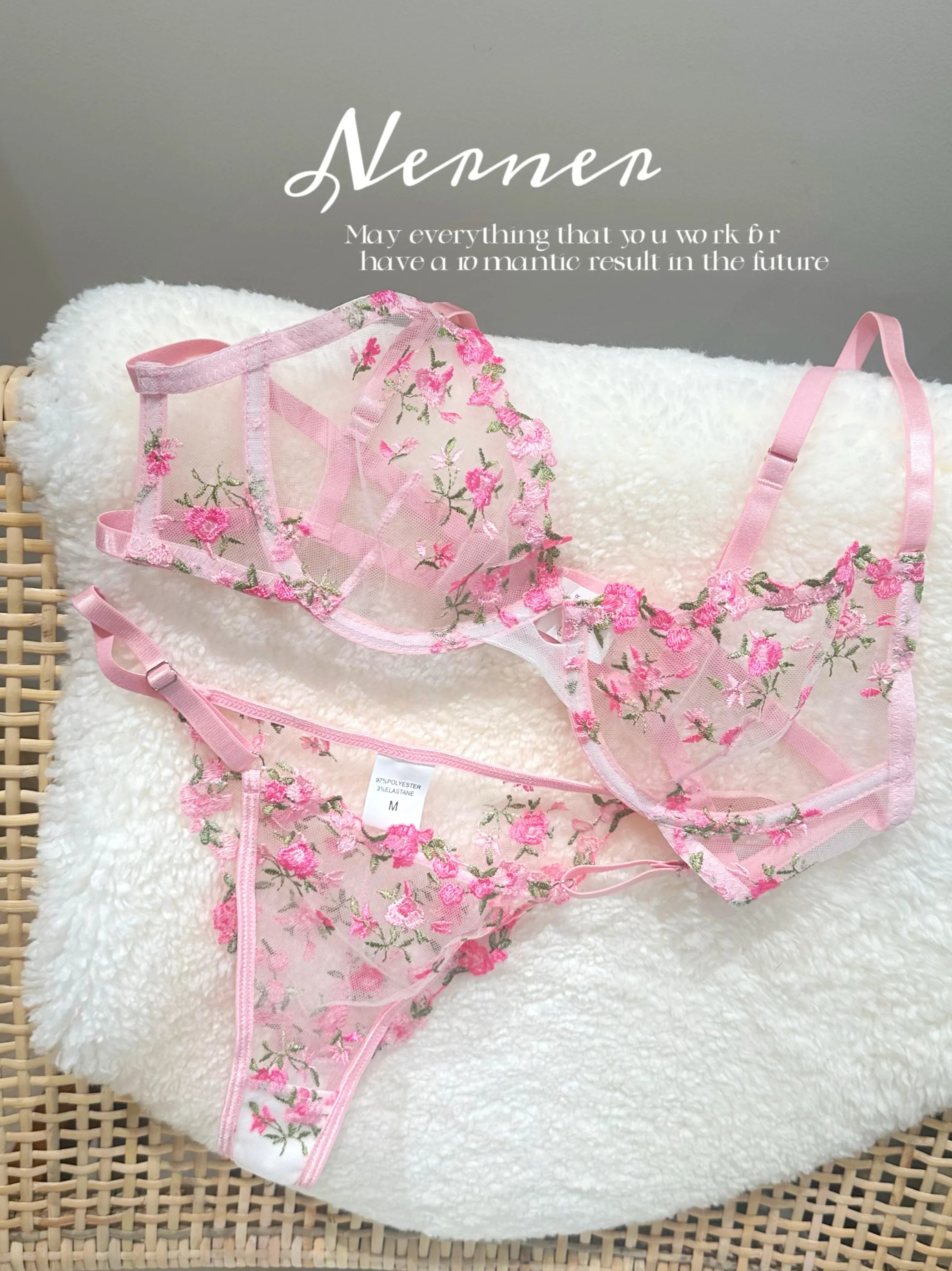 Kawaii Japanese Lingerie Set Sheer Tulle, Pink Floral Embroidery Bra Bralette, Sexy Pure Matching Set BANERDANNI Sexy Tushy Bras