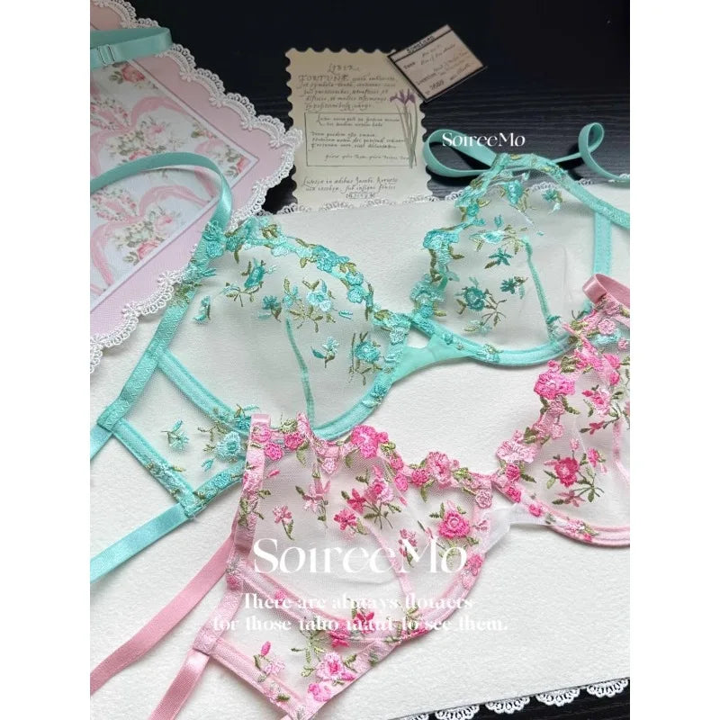 Kawaii Japanese Lingerie Set Sheer Tulle, Pink Floral Embroidery Bra Bralette, Sexy Pure Matching Set BANERDANNI Sexy Tushy Bras