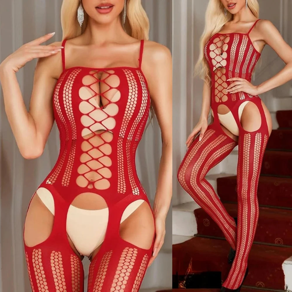 Sexy Lingerie One-piece Women's Underwear Red Transparent Open Crotch Erotic Body Stockings For Sex Porn Bodysuits