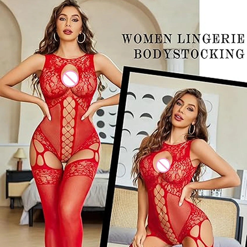 Sexy Lingerie One-piece Women's Underwear Red Transparent Open Crotch Erotic Body Stockings For Sex Porn Bodysuits