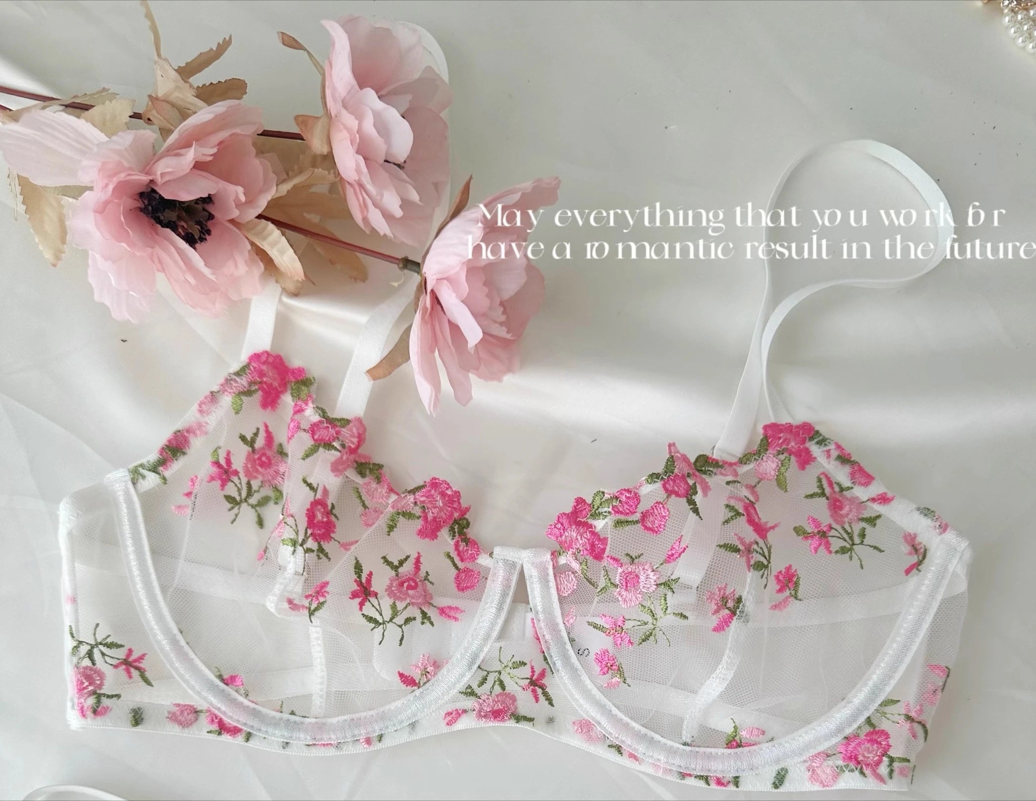 Kawaii Japanese Lingerie Set Sheer Tulle, Pink Floral Embroidery Bra Bralette, Sexy Pure Matching Set BANERDANNI Sexy Tushy Bras