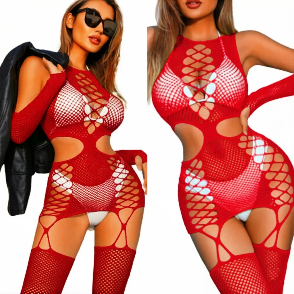 Sexy Lingerie One-piece Women's Underwear Red Transparent Open Crotch Erotic Body Stockings For Sex Porn Bodysuits