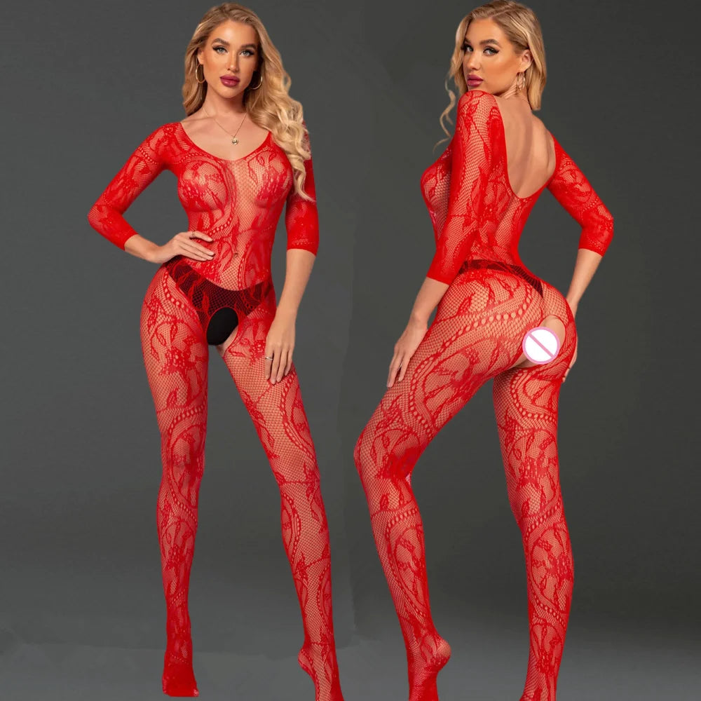 Sexy Lingerie One-piece Women's Underwear Red Transparent Open Crotch Erotic Body Stockings For Sex Porn Bodysuits