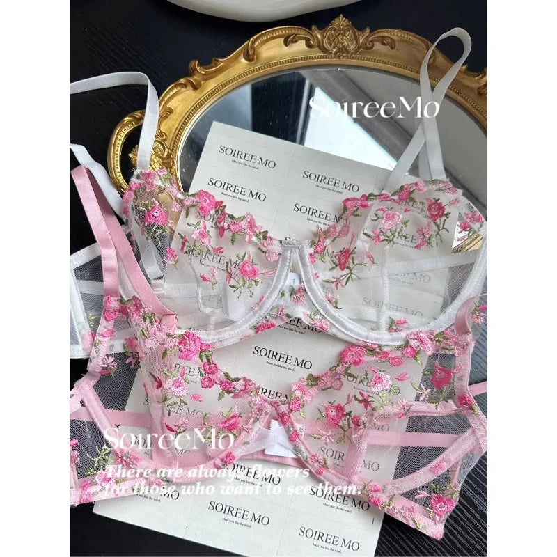 Kawaii Japanese Lingerie Set Sheer Tulle, Pink Floral Embroidery Bra Bralette, Sexy Pure Matching Set BANERDANNI Sexy Tushy Bras