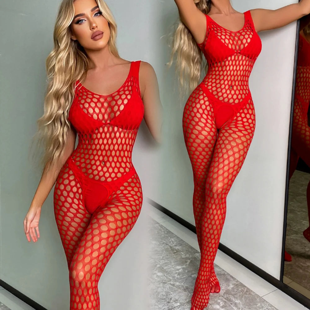 Sexy Lingerie One-piece Women's Underwear Red Transparent Open Crotch Erotic Body Stockings For Sex Porn Bodysuits