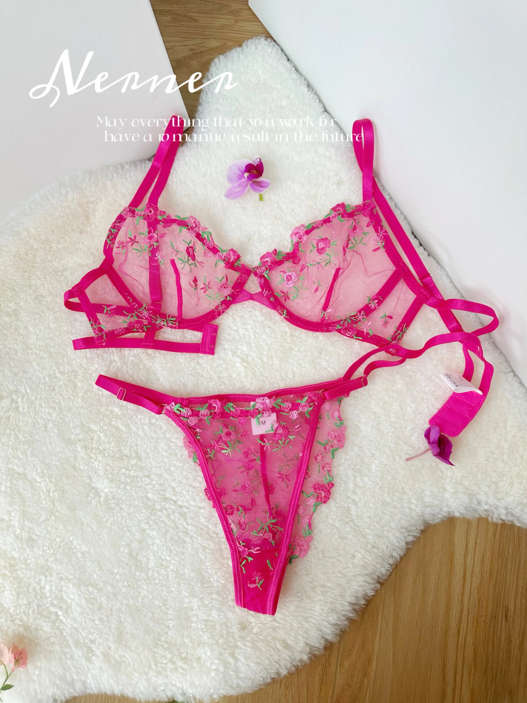 Kawaii Japanese Lingerie Set Sheer Tulle, Pink Floral Embroidery Bra Bralette, Sexy Pure Matching Set BANERDANNI Sexy Tushy Bras