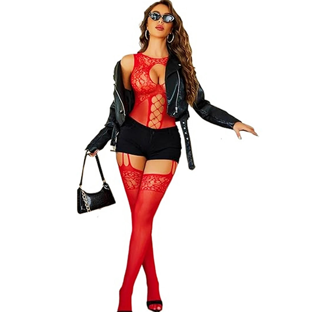 Sexy Lingerie One-piece Women's Underwear Red Transparent Open Crotch Erotic Body Stockings For Sex Porn Bodysuits