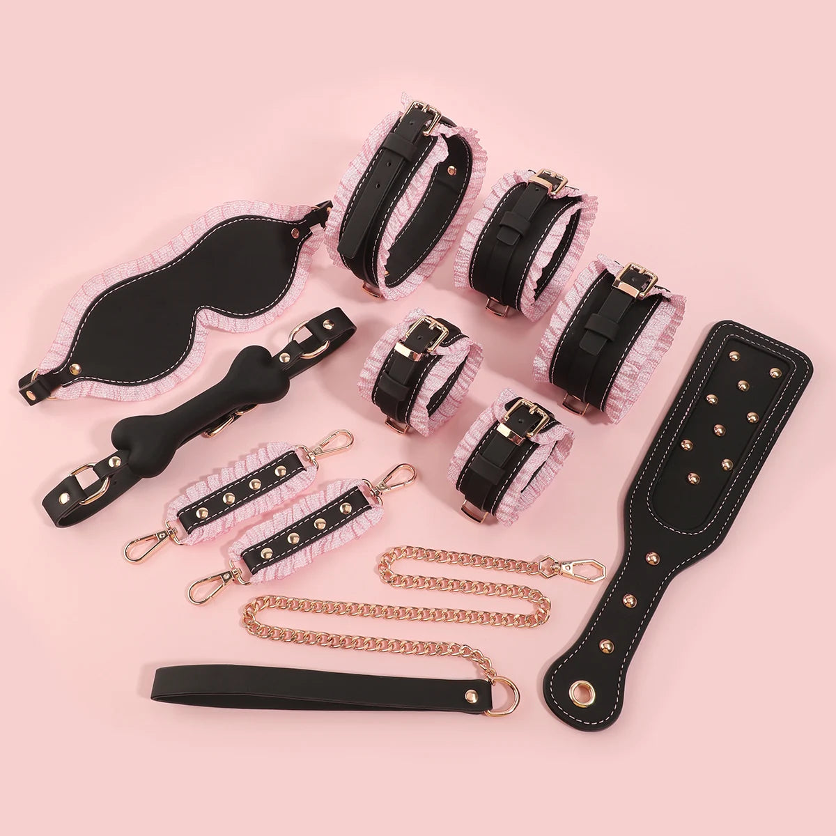 6 PCS BDSM Bondage Set White Maid Role Play Restraints Kit SM Fetish Toys Handcuff Slave Collar Blindfold for Couples Sex Games
