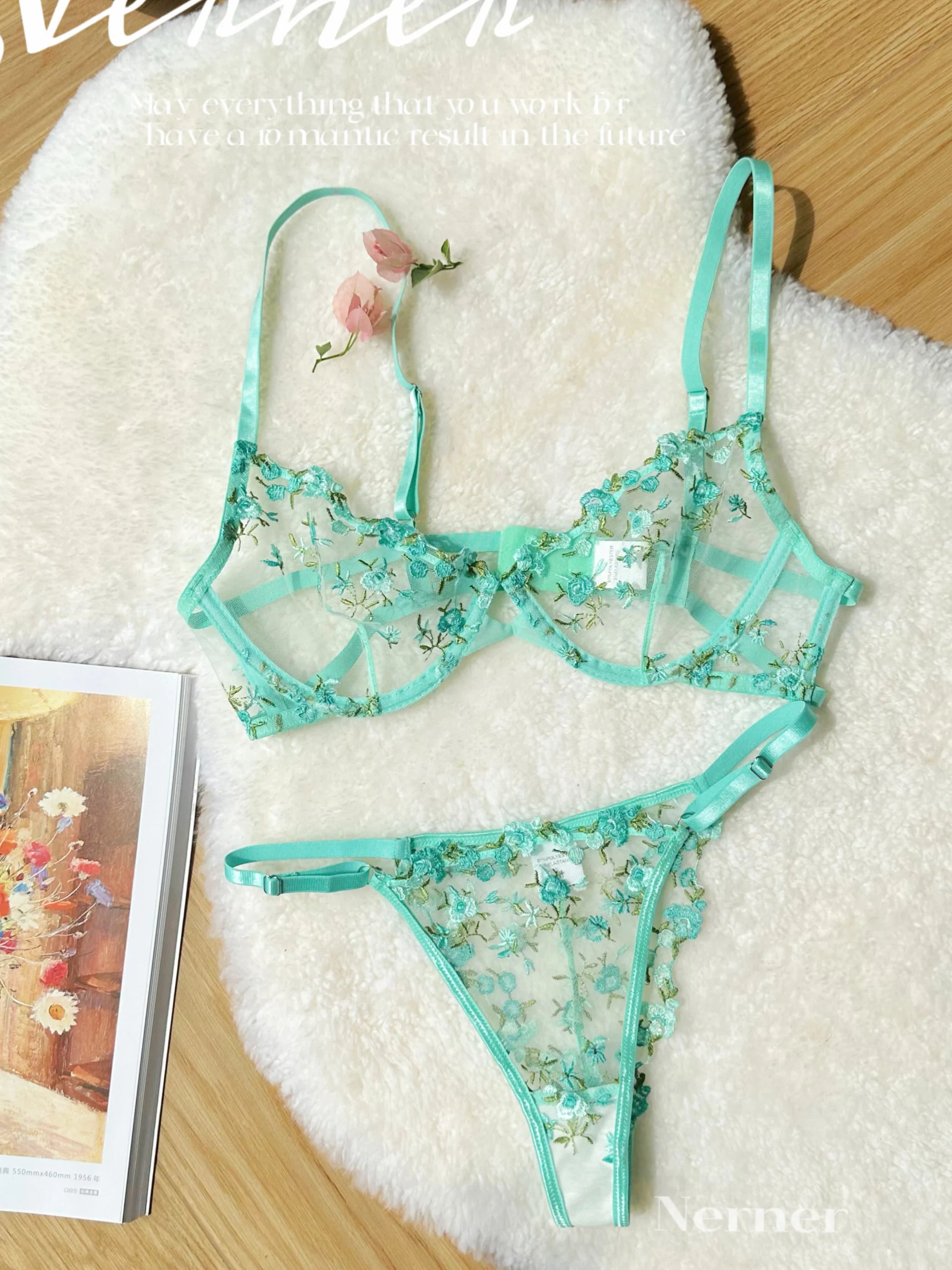 Kawaii Japanese Lingerie Set Sheer Tulle, Pink Floral Embroidery Bra Bralette, Sexy Pure Matching Set BANERDANNI Sexy Tushy Bras