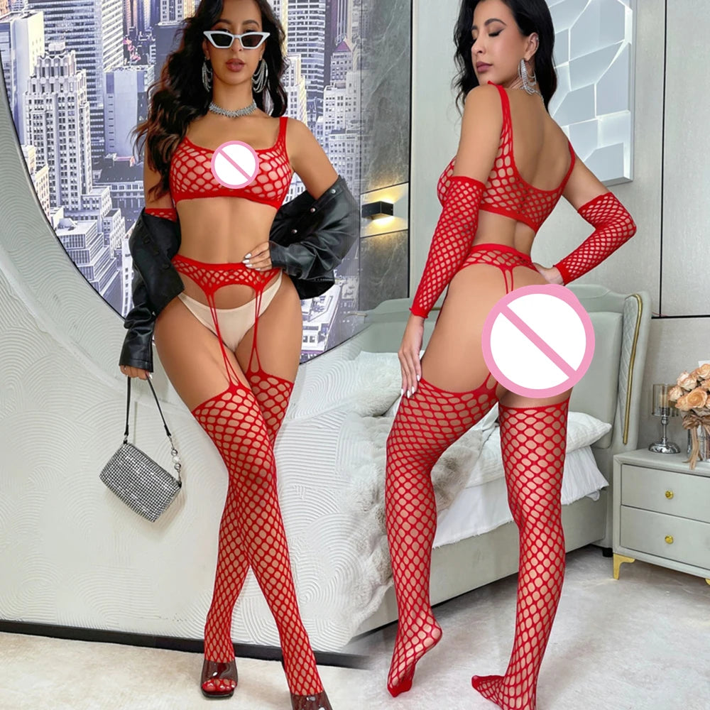 Sexy Lingerie One-piece Women's Underwear Red Transparent Open Crotch Erotic Body Stockings For Sex Porn Bodysuits