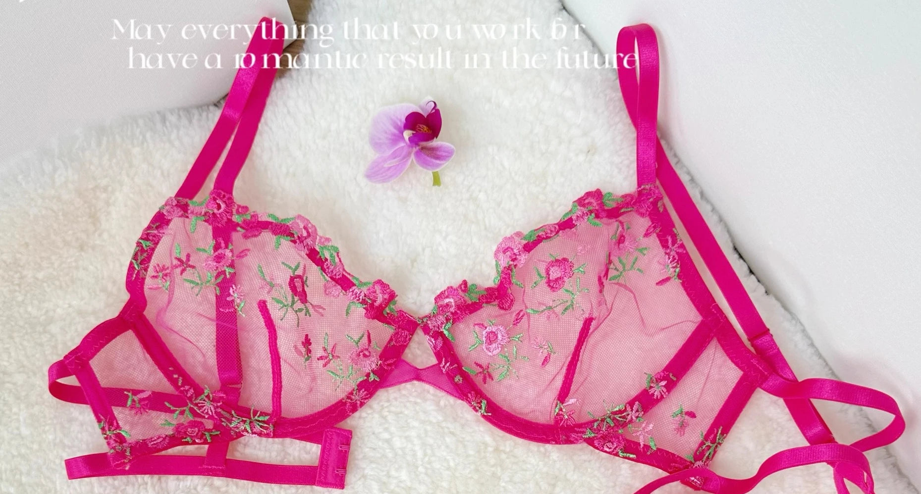 Kawaii Japanese Lingerie Set Sheer Tulle, Pink Floral Embroidery Bra Bralette, Sexy Pure Matching Set BANERDANNI Sexy Tushy Bras
